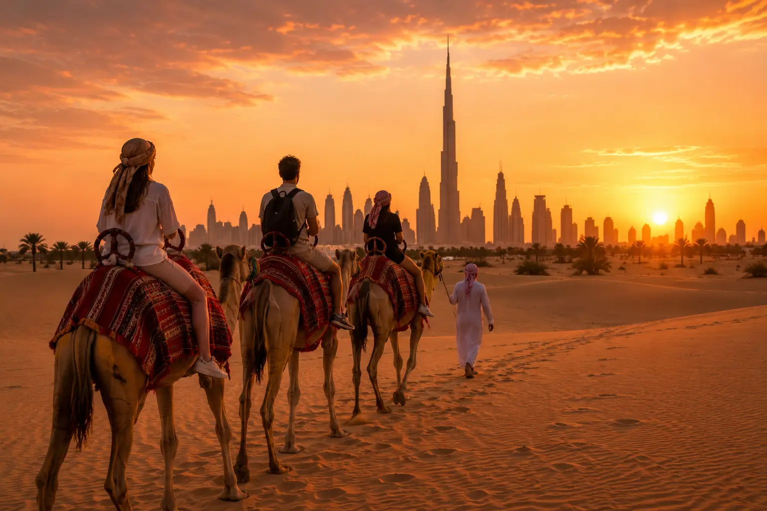 Camel caravan crossing Dubai desert during sunset