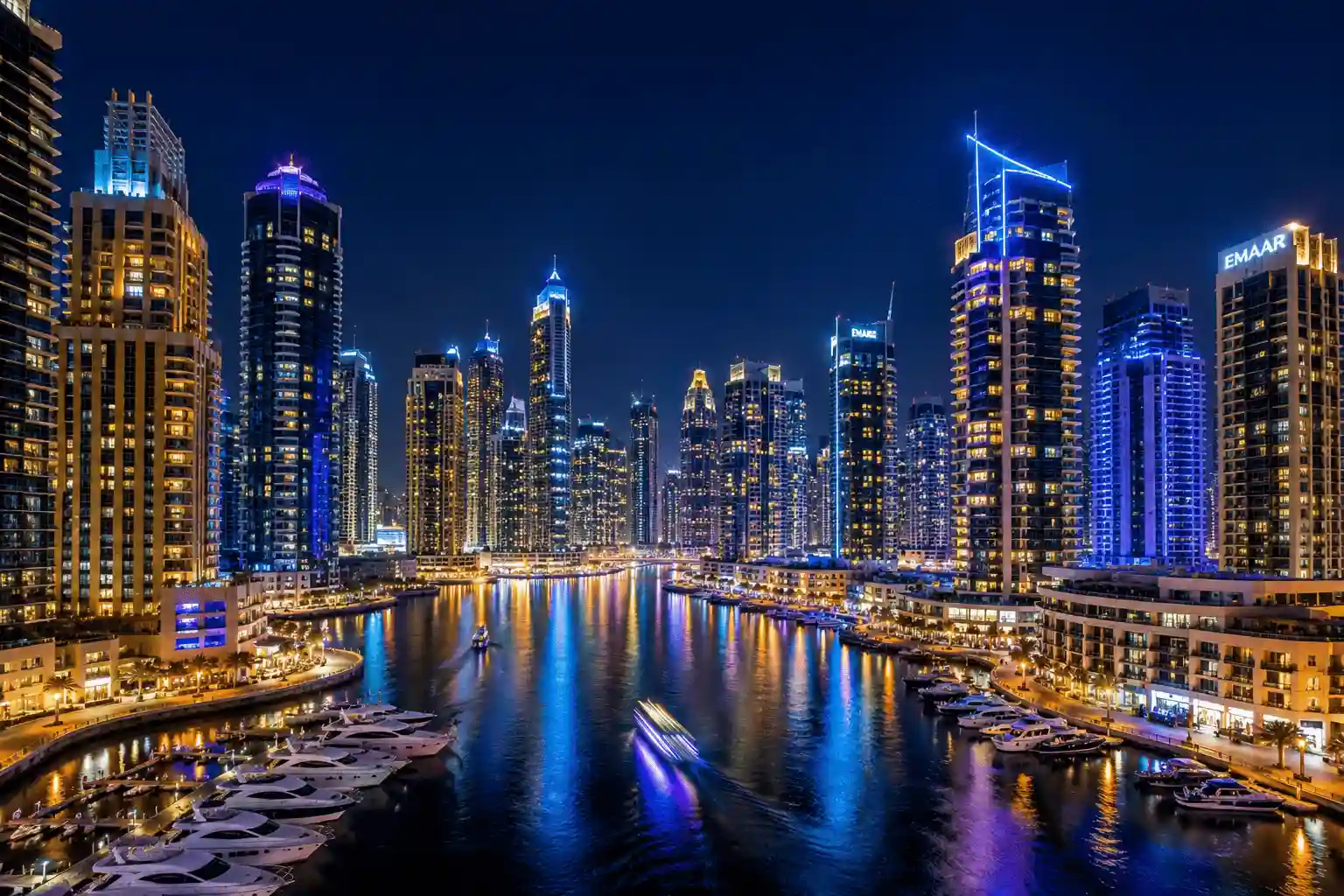 Dubai Marina waterfront skyline illuminated at night