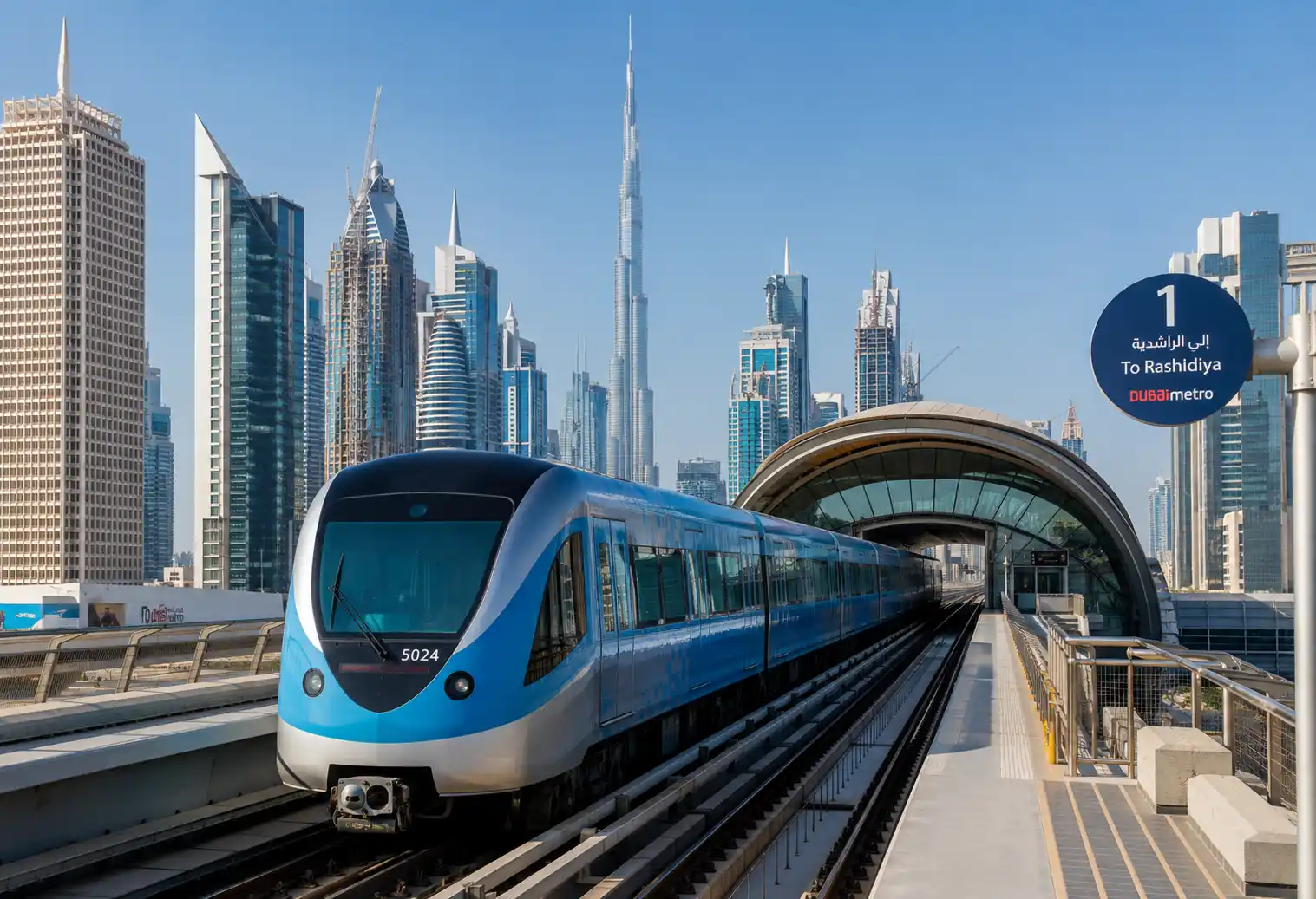 Modern Dubai Metro train arriving at Downtown station