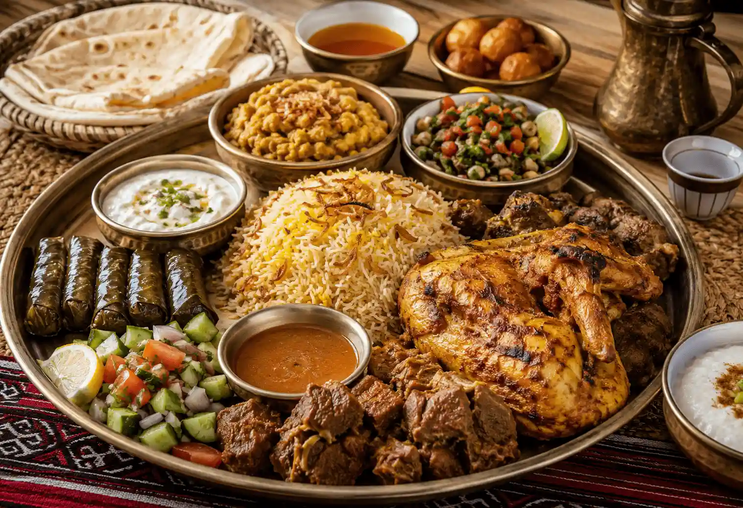 Traditional Emirati dishes including Machboos and Luqaimat