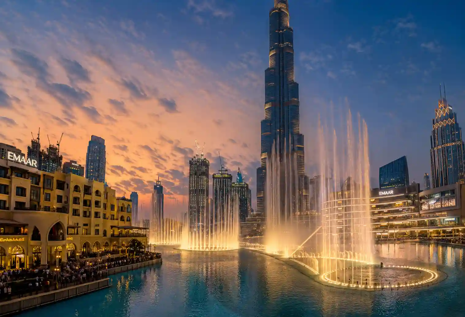 Dubai Fountain performance with Burj Khalifa in the background
