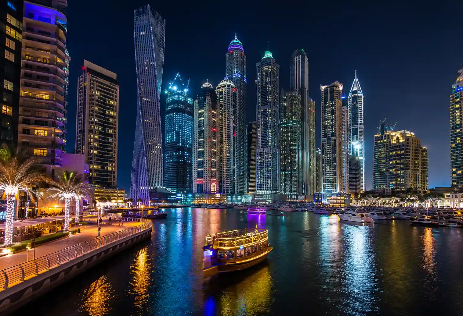 Dubai Marina skyline illuminated at night